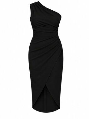 XSCAPE Black One Shoulder Ruched Wrap Midi Cocktail Dress Size 4 NWT